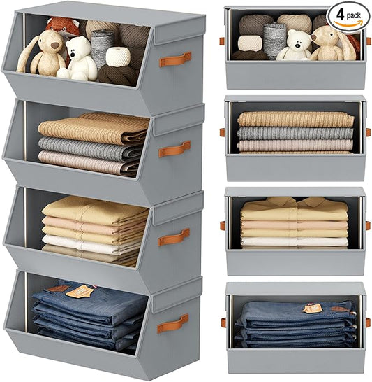 Stackable Closet Organizers and Storage Bins, Open Front Closet Shelf Organizer System With Steel Frame, Clothes Storage Basket Fabric, Collapsible Closet Drawers for Wardrobe, Nursery ,Toy, 4 Pack
