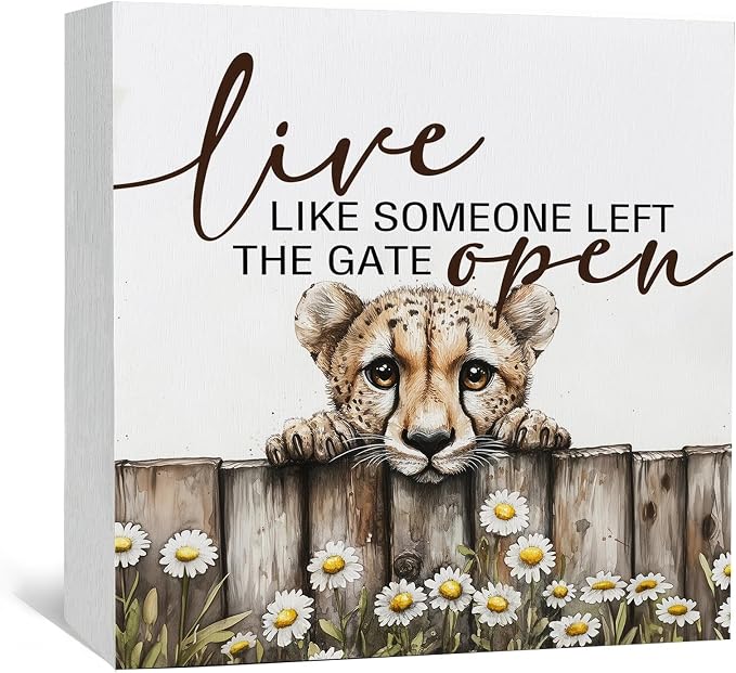 Nursery Cheetah Wooden Box Sign, Cute Live Like Someone Left the Gate Open Wooden Signs for Home Decor,Funny Animal Kitchen Bedroom Decor,Cheetah Gifts for Kids Boys Girls, 8x8