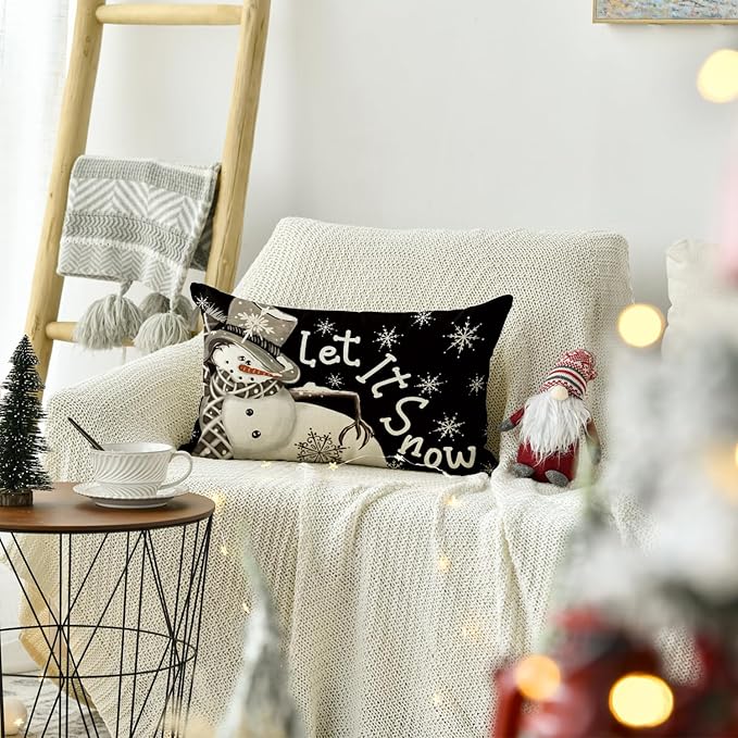AVOIN colorlife Christmas Winter Polka Dot Snowman I Smell Snow Black Throw Pillow Cover, 12 x 20 Inch Winter Holiday Cushion Case Decoration for Sofa Couch