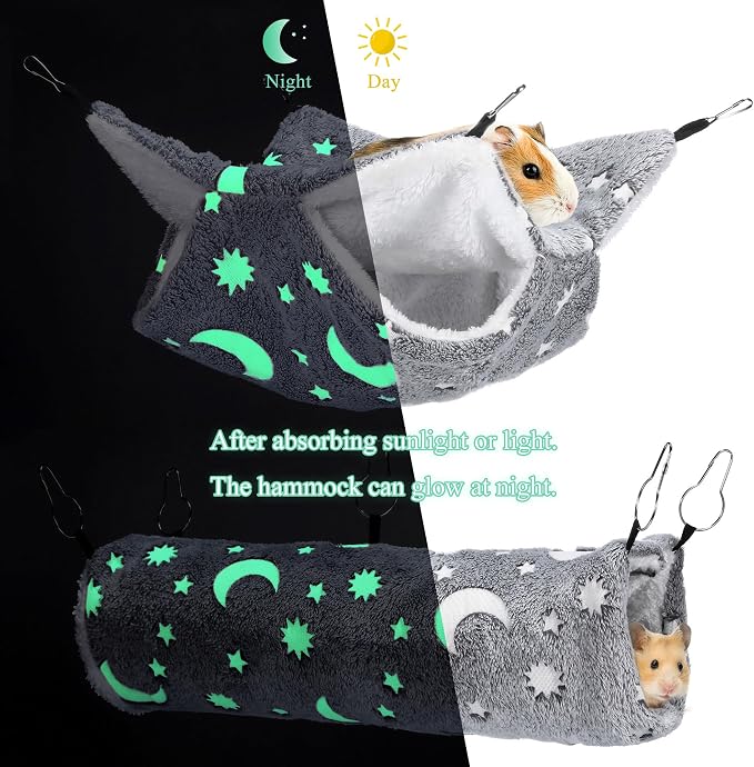 Noctilucent Luminous Grey Guinea Pig Rat Hammock Bunkbed Hanging Tunnel | Hanging Soft Bed Mat for Ferret Hedgehog Squirrel Hideout Cage Accessories (Tunnel and Bunkbed Hammock)