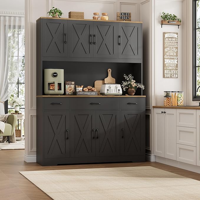 HOSTACK 71" Tall Pantry Cabinet with Charging Station, 55" Wide Kitchen Pantry Storage Cabinet with Countertop, Large Kitchen Hutch with Storage Drawers and Microwave Stand for Dining Room, Black