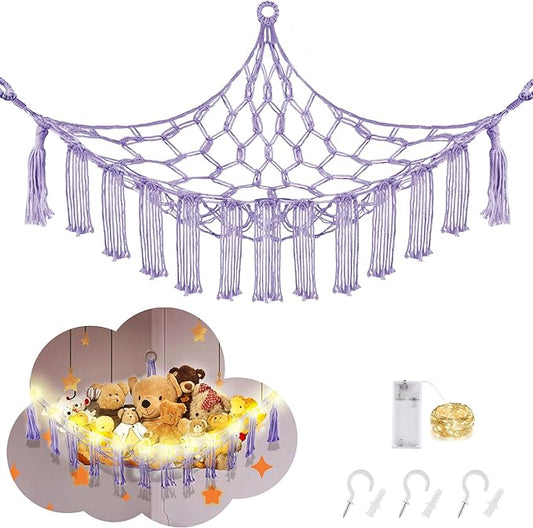 CERETIA Stuffed Animal Hammock with LED Light, Large Stuffed Animals Storage Corner Plushie Net for Kids Room Decor, Purple