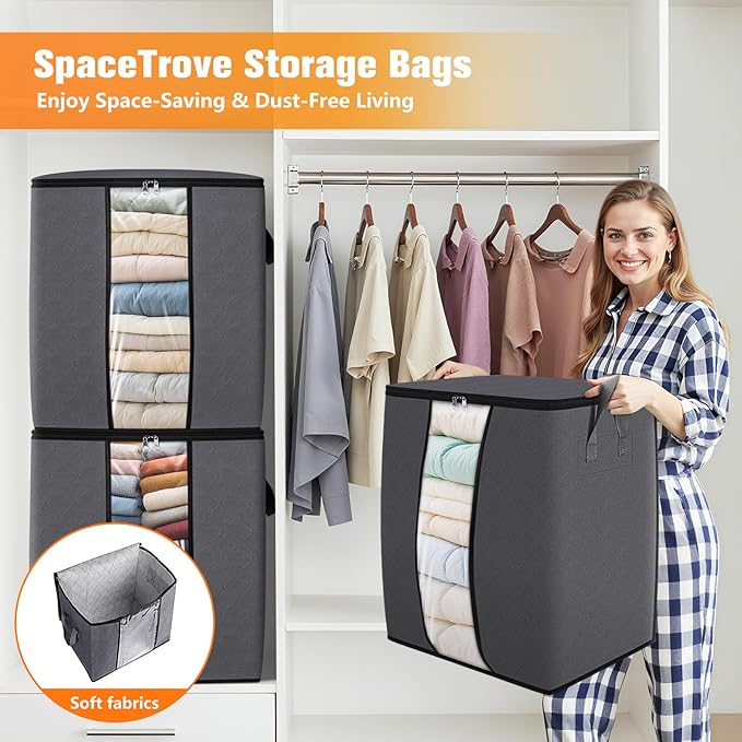 Clothes Storage Bags, 6-Pack Comforter Blanket Organizers, 80L Large Capacity Containers with Visual Window for Clothing, Quilt, Sheet, Pillow, Closet Organization for Bedding (Grey)