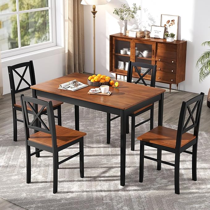 Tangkula 5-Piece Mid-Century Modern Dining Table Set for 4, Wooden Kitchen Table and Chairs, Compact Rubber Wood Dining Room Set for Small Spaces, Kitchen & Living Room