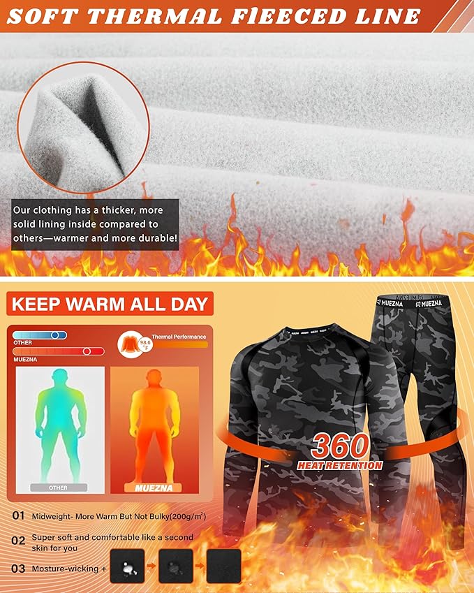 Muezna Men's Thermal Top and Bottom Set Underwear Long Johns Base Layer with Soft Fleece Lined