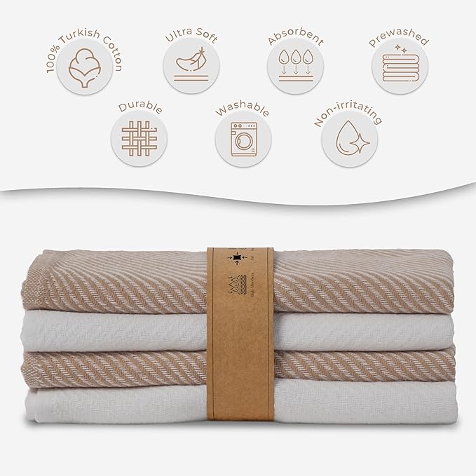 Kitchen Towels Set - 4 Pack, (20" x 30") - Boho & Decorative - Versatile as, Dish Towels for Drying Dishes, Drying Towels, Flour Sack Towel, Kitchen Cloths, Beige and Ecru