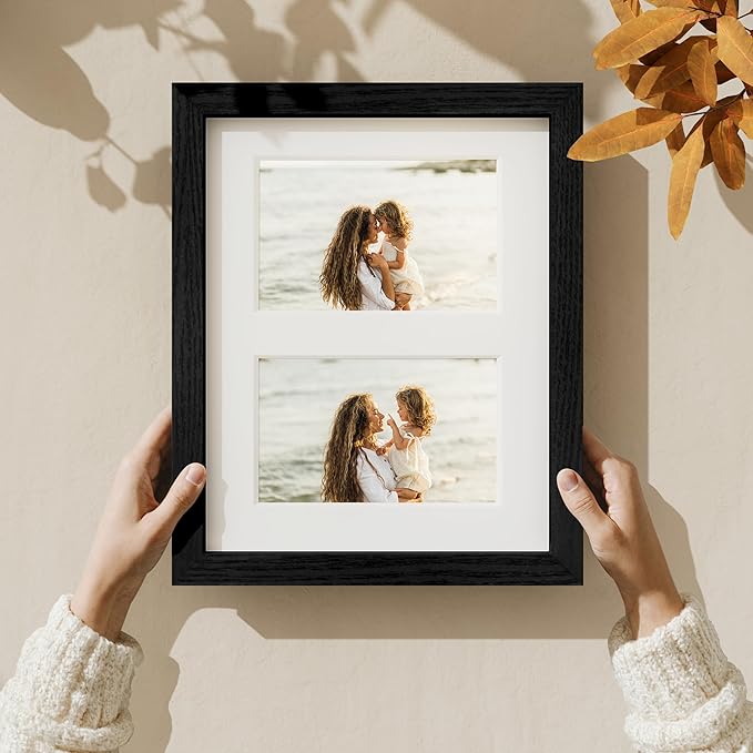 Vittanly 8x10 Collage Picture Frame, Displays 2Pcs 4x6 Pictures with Mat or 1Pcs 8x10 without Mat, Photo Frame for Wall Mounting or Table Top with Stand, Black, 1 Pack
