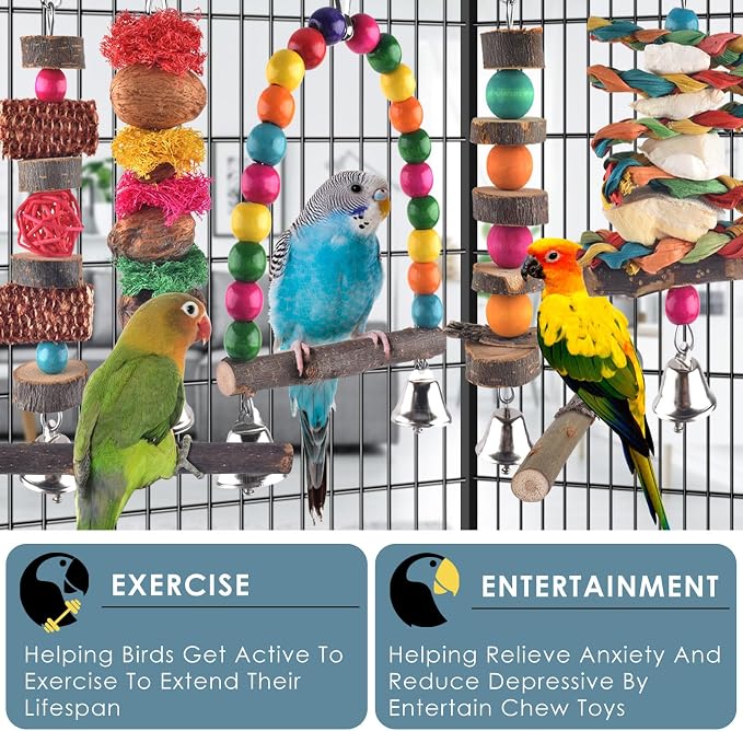 Bissap 7‑Pack Bird Chew Toys, Natural Wood Perch for Small Medium Parrots | Reduces Cage Boredom, Hanging Wooden Set with Chew Toys & Perch Stand, Fits Conure, Cockatiel, Parrotlet, Lovebird, Budgie