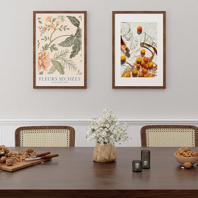 16x24 Picture Frame for Wall, Rustic Wood 16 by 24 Poster Frames, Oak Wood Picture Frame 16 x 24 with Real Glass, 12x18 Frame Matted to 16x24, Minimalist 16 x 24 Wood Frames, Walnut Color, 1 Pack