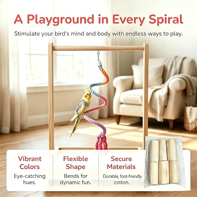 Bendable Parrot Rope Perch with Wood Chew for Parakeet Cockatiel | Soft twisted cotton rope, natural wood chew blocks, bendable design, beak trimming, fits standard wire bird cages