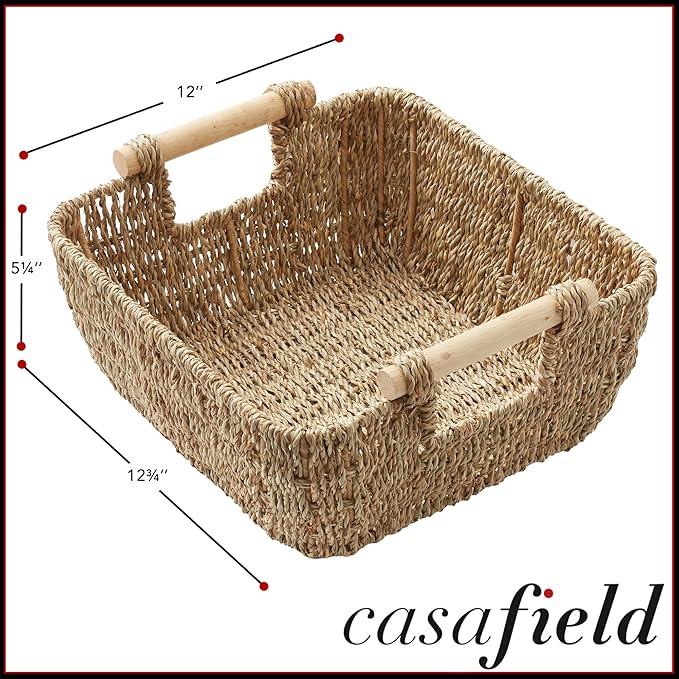 Casafield Set of 2 Seagrass Oval Storage Baskets with Wooden Handles - Small, Woven Bin Organizers