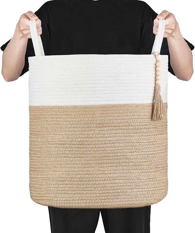 Mkono Woven Storage Basket Decorative Rope Basket Wooden Bead Decoration for Blankets,Toys,Clothes,Shoes,Plant Organizer Bin with Handles Living Room Home Decor, 15"W x 17.7”L, Cream White and Brown