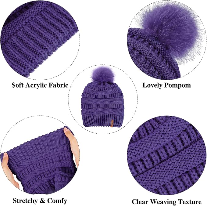 Aneco Womens Winter Warm Sets Knitted Fur Pompoms Beanie Hat Circle Loop Scarf Touch Screen Gloves Winter Favor Accessories