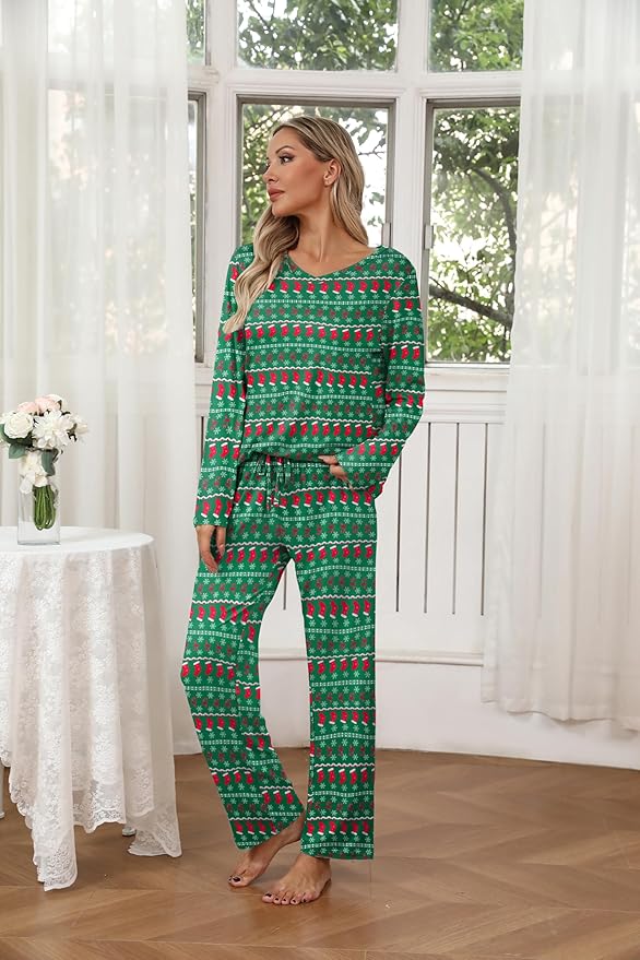 Ekouaer Womens 2 Pack Pajama Set Long Sleeve Pajamas Top and Pants V Neck Pjs Set Soft Loungewear with Pockets
