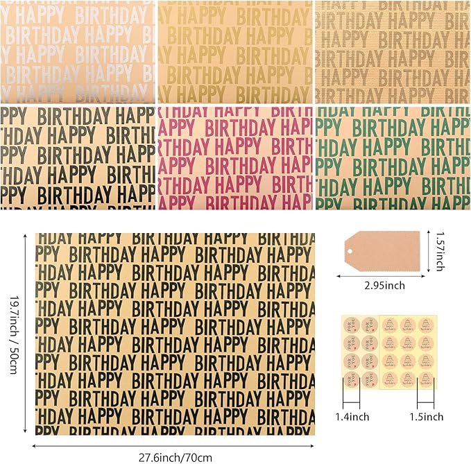 Kraft Brown Recycled Gift Wrapping Paper Set, 12 Sheets with Stickers, Happy Birthday Pattern Design for Kids & Adults, 2028 inches