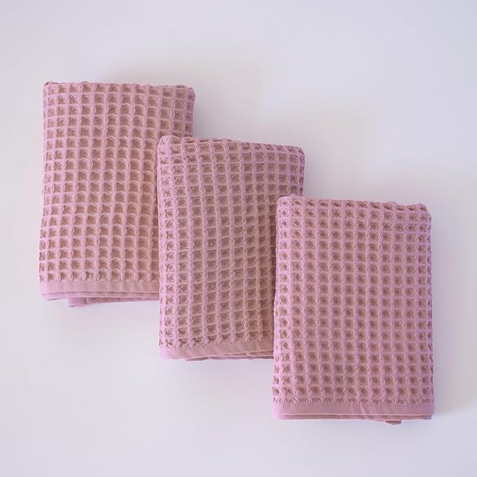 PÜSKÜL - Set of 3 Organic Waffle Hand Towel Pink - Premium Quality, 100% Turkish Cotton, Soft, Quick-Dry, Absorbent, Lint-Free Face Kitchen Hand Towels (Pink Powder, Hand Towels - Pack of 3)