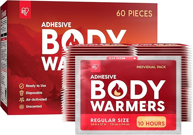 IRIS USA Hand Warmers, Regular/Large/Jumbo, 30/60 Individual Warmers, Regular/Adhesive Body Warmers Up to 10/12/18 Hours Disposable Handwarmer Bulk for Hot Hands Feet Chest Back, TSA-Approved, Camping