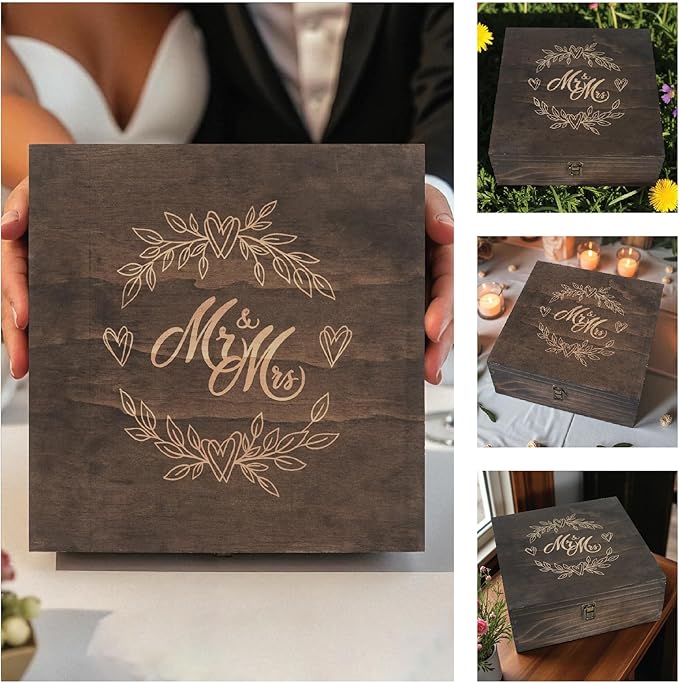 Mr and Mrs Wedding Memory Box -Wooden Keepsake Box with Lid for Couples - Rustic Storage Box for Cards, Photos, Vows, and Mementos – Ideal for Wedding, Engagement, or Anniversary