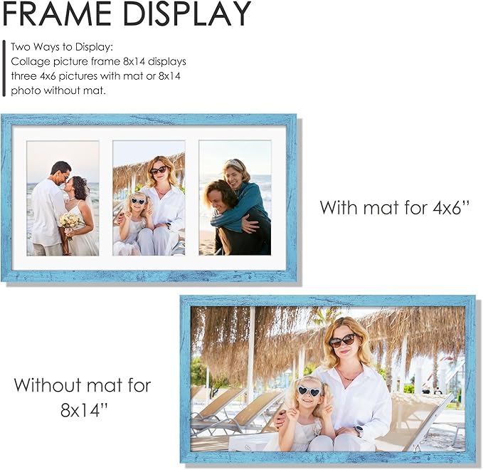 8x14 Collage Picture Frame 4x6 Collage Picture Frame Displays Three 4x6 inch Photos or 8x14 (Without Mat) for Available Horizontal Wall Mounting Display and Vertical Blue