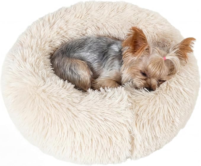 Calming Donut Small Dog Bed for Chihuahua Yorkie Maltese Shih Tzu | 19 Inch Washable Puppy Bed,Ultra Soft Faux Fur Round Dog Bed,Beige
