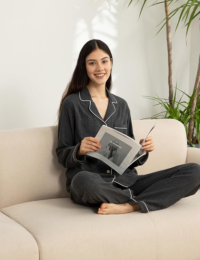 Womens Pajama Sets 100% Double Gauze Cotton Linen Like Muslin Pajamas Long Sleeve Button Down Sleepwear Soft Pjs Lounge Set
