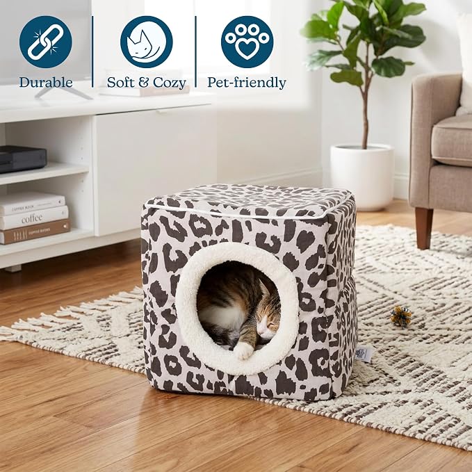 Cat House - Indoor Bed with Removable Foam Cushion - Cat Cave for Puppies, Rabbits, Guinea Pigs, and Other Small Animals by PETMAKER (Animal Print)