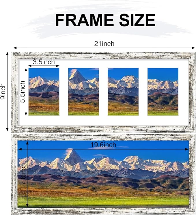Vittanly 8x20 Collage Picture Frame, Displays 4Pcs 4x6 Pictures with Mat or 1Pcs 8x20 without Mat, Picture Frames Collage Wall Decor for Horizontal or Vertical Display, Distressed White, 1 Pack