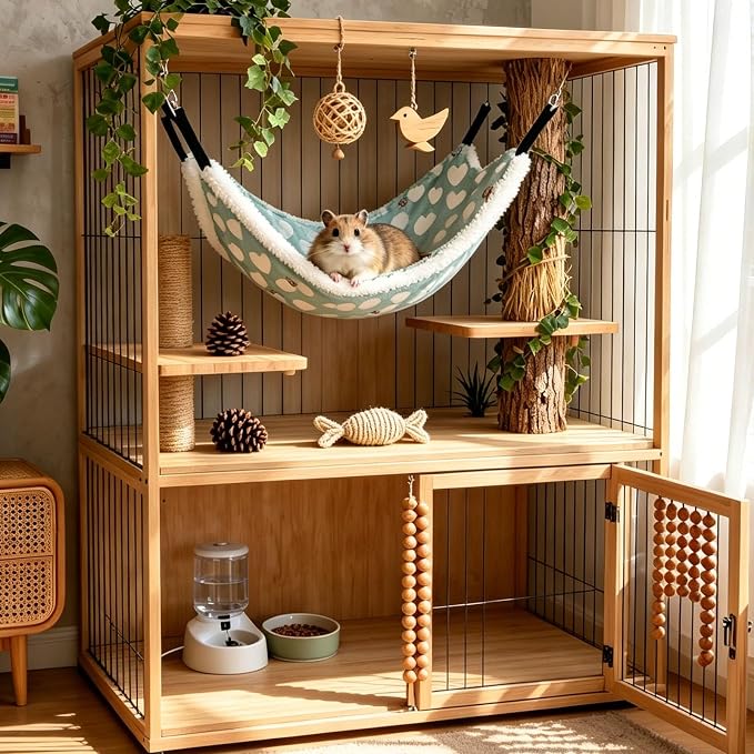 Guinea Pig Ferret Hammock for Cage - Machine Washable Double-Decker Hanging Bed - Fits Sugar Glider,Rat,Hamster,Gerbil - 13.3" x 13.3" - Love Green Pattern