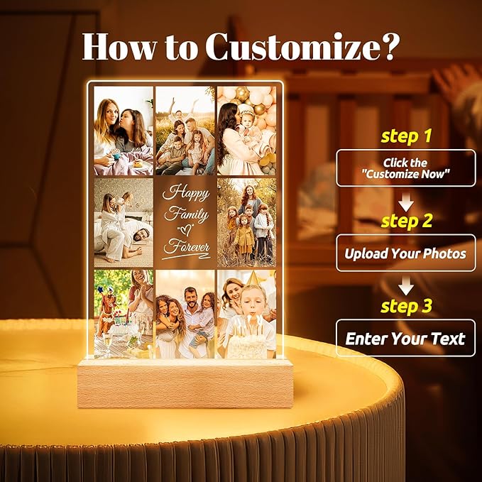 Personalized Collage Picture Frames with Photos, Custom Photo Frame with Night Light, Customized Picture Frame, Personalized Christmas Birthday Gifts for Women Men Mom Dad Kids Baby Family Friends