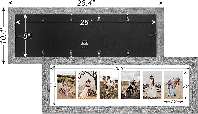 8x26 Picture Frame Display 6 opening 4X6 Picture Frame Collage,Multi Photo Frame with Mat,Plexiglass,Wall or Tabletop Decor,Grey Wood Grain
