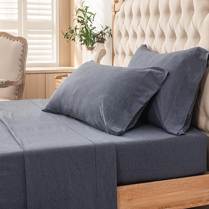 PURE ERA Jersey Knit 4pc Bed Sheet Set 100% T-Shirt Heather Cotton Super Soft Comfy Breathable Fits Mattress Up to 20" Extra Deep Pocket (Heather Navy Blue, King)