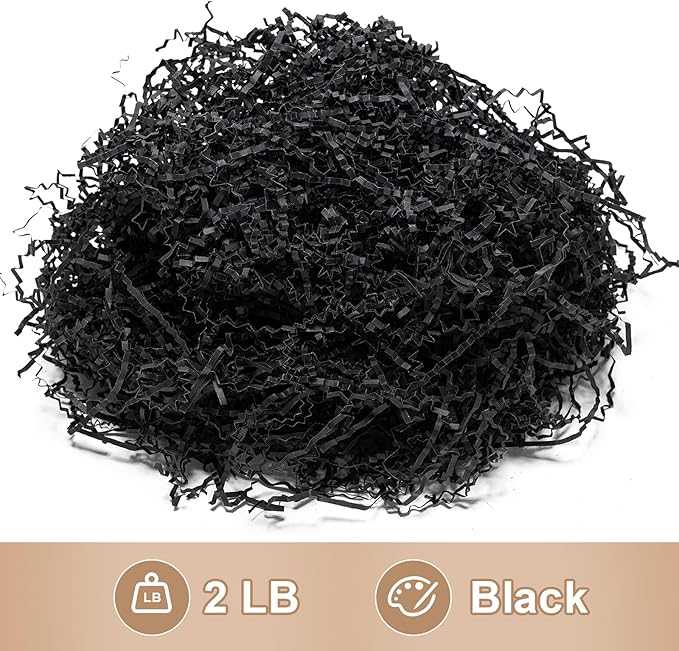 Wowxyz 2 LB Crinkle Cut Paper Shred Black Crinkle Shredded Paper - Gift Box Baskets Bag Filler - Confetti Stuffing for Birthday, Holiday Gift Packaging Wrapping