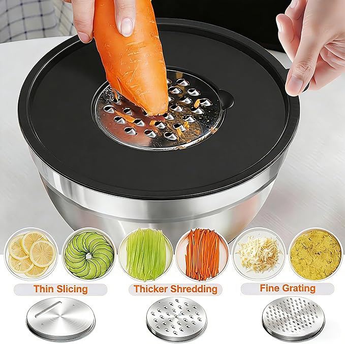 Umite Chef Mixing Bowls with Airtight Lids, 26Pcs Stainless Steel Bowls Set, 3 Grater Attachments & Black Non-Slip Bottoms Size 7, 4, 2.5, 2.0,1.5, 1QT, Great for Mixing & Serving