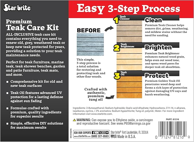 STAR BRITE Teak Care 3 Step Kit - Teak Cleaner + Teak Brightener + Teak Oil - 16 OZ (081216)