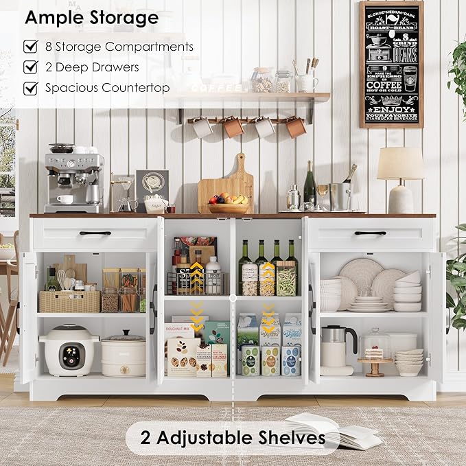 BOTLOG 71” Large Sideboard Buffet Cabinet with Storage, Farmhouse Kitchen Buffet Cabinet with Adjustable Shelves and 6 Barn Doors, Wood Coffee Wine Bar Console Table for Kitchen, Dining Room, White