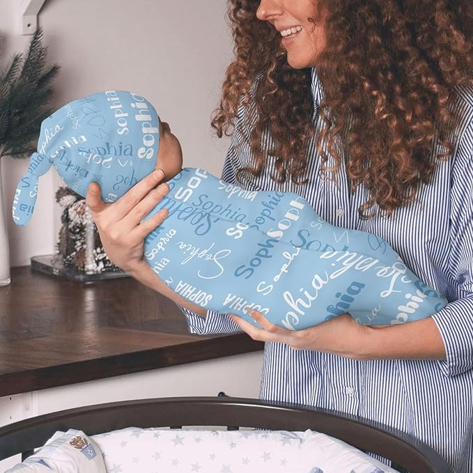 Newborn Swaddle Blankets Hat Name Lettering Blue Sets Soft Baby Receiving Blanket Swaddle Sack for Baby Shower Infant Boy Girl Gift