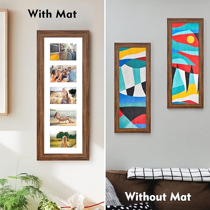 8x24 Picture Frame Display 5 opening 4X6 Picture Frame Collage,Multi Photo Frame with Mat,Plexiglass,Wall or Tabletop Decor,Carbonized Brown Wood Grain