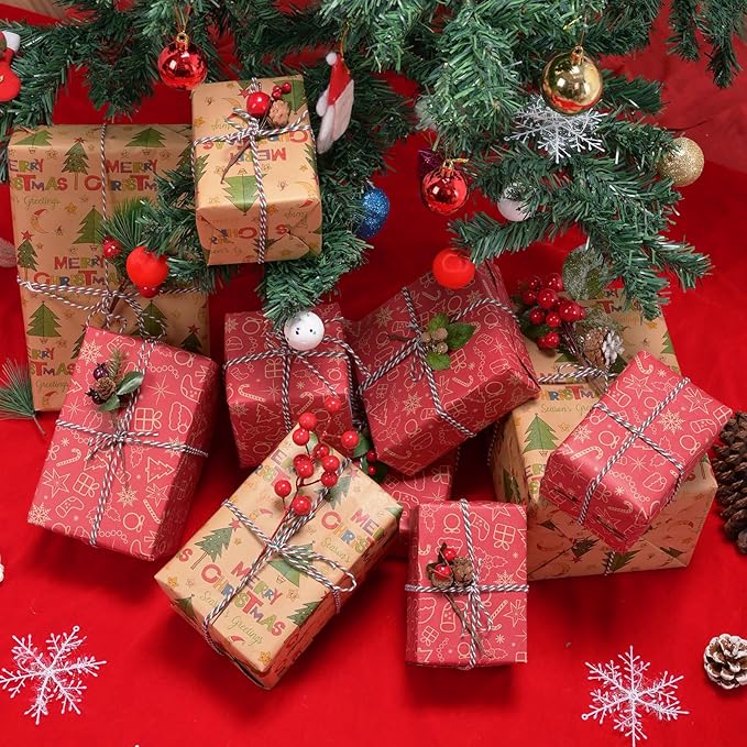 AhfuLife 2 Rolls Christmas Wrapping Paper - 17 Inch × 49.2 Ft Per Roll, Recyclable Red Kraft Xmas Wrapping Paper for Christmas Gift Box Decoration