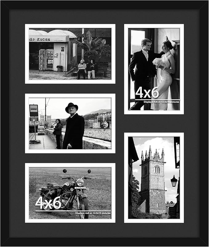 12.5x15 Collage Picture Frame, 4x6 Collage Picture Frame, Displays Five 4x6 inch Photos, Wall Decor Wall Hanging or Tabletop, Black Mat.