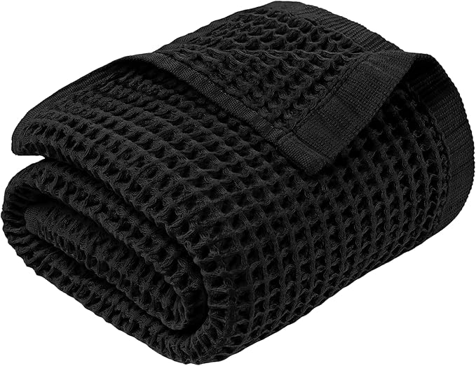 DEMMEX Organic Cotton Waffle Weave Turkish Towel Set for Bathroom, 100% Oeko-TEX Certified Super Soft Turkish Cotton, Lightweight & Quick Dry, 1 Bath & 2 Large Hand Towels, 30x60/20x30 in., Jet Black