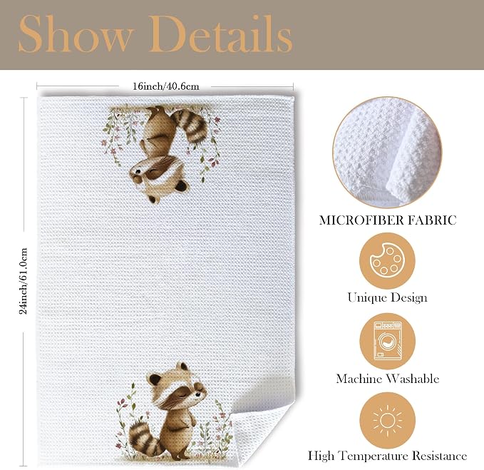 Raccoon Decor Kitchen Towels, Gifts for Raccoon Lovers Dish Tea Towels for Kitchen, Animal Lover Gifts Decorative Hand Towel for Kids Bathroom Decor, 16x24 Inch