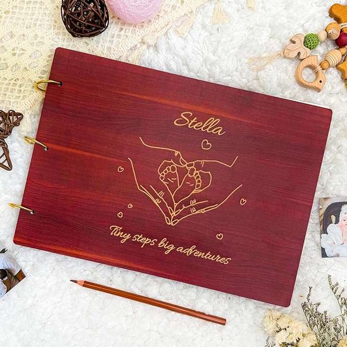 Personalized Baby Photo Album - Wooden Baby Memory Book - Custom Name Baby Scrapbook,Baby Album and Memory Book - Unique Newborn Baby Gift for New Parents