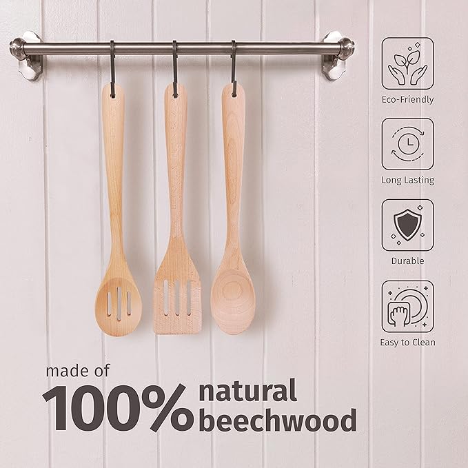 PrintSupremacy Beechwood Personalized Kitchen Utensils, Non Stick Wooden Kitchen Gadget Pan Cookware, Cook Gift Set for Holidays, Engraved Kitchen Stuff (Custom, 3 pcs)