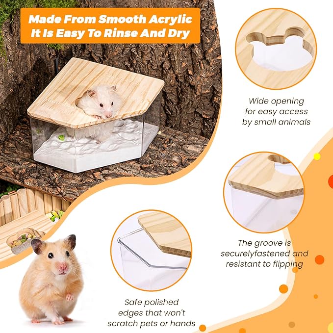 ASTIMESA Plastic Hamster Sand Bath Container with Ladder, Clear Hamster Litter Box Tub Wood Cover for Chinchilla Pet Gerbil Guinea Pig Digging Small Animal House Pentagon