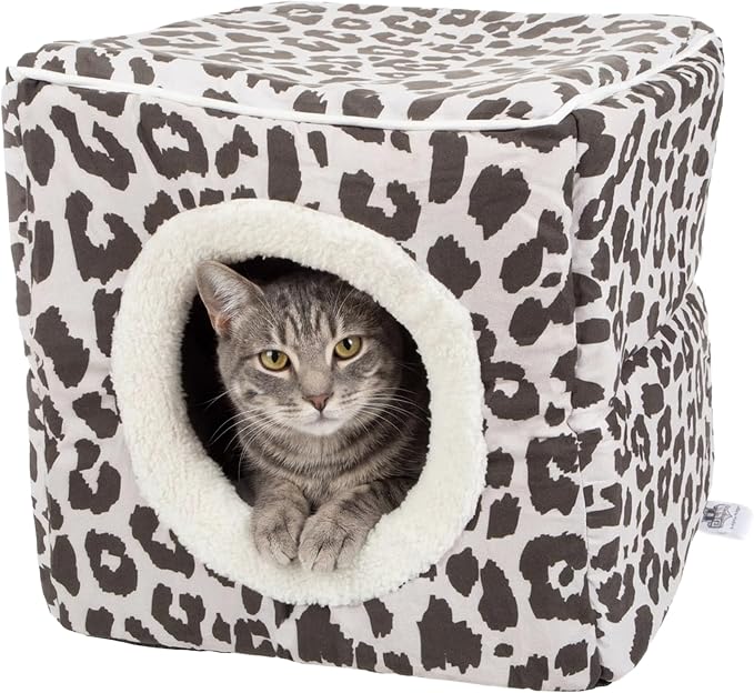 Cat House - Indoor Bed with Removable Foam Cushion - Cat Cave for Puppies, Rabbits, Guinea Pigs, and Other Small Animals by PETMAKER (Animal Print)