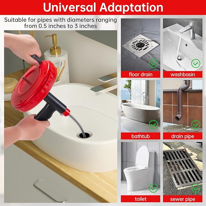 Drain Snake Flexible Steel Drain Auger With Drill Adapter Manual Or Powered Toilet Snake for Bathtub Drain, Bathroom Sink, Kitchen Cleaning with Gloves(30ft/9M-Red)