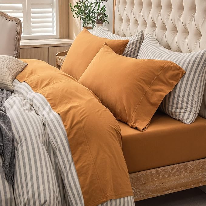 PURE ERA Jersey Knit 3pcs Bed Sheet Set 100% T-Shirt Heather Cotton Super Soft Comfy Breathable Fits Mattress Up to 20" Extra Deep Pocket (Solid Burnt Orange, Twin XL)