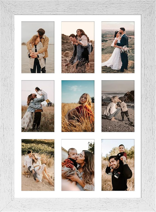 13.5x19.5 Picture Frame Display 9 opening 4X6 Picture Frame Collage,Multi Photo Frame with Mat,Plexiglass,Wall or Tabletop Decor,Distressed White Wood Grain