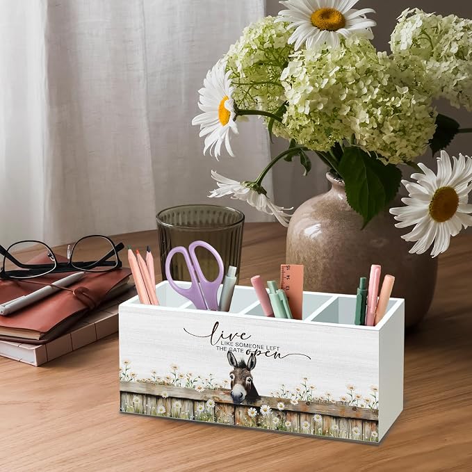 DILSJ Rustic Farmhouse Donkey 4 Compartment Pen Pencil Holder for Desk | Donkey Gifts, Live Like Someone Left the Gate Open Wooden Box Signs Organizer for Home Office Desk Tabletop Decoration