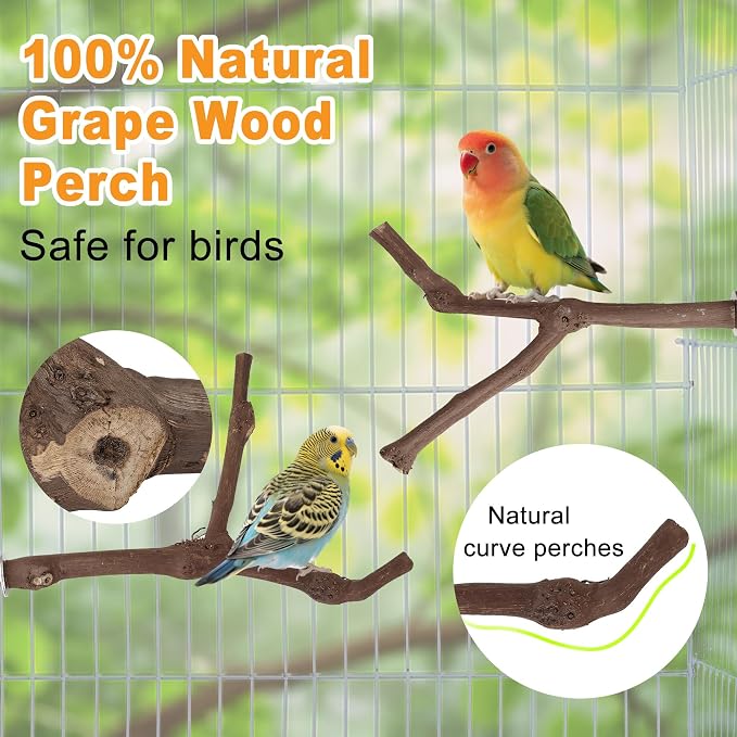 7pcs Natural Wood Bird Perch DIY Bird Cage Accessories Stand Sticks | Natural Bird Perches Kit Including Chewing Stick Platform Swing Toy for Bird Cage Inside & Outside Parakeet Cockatiel Conure